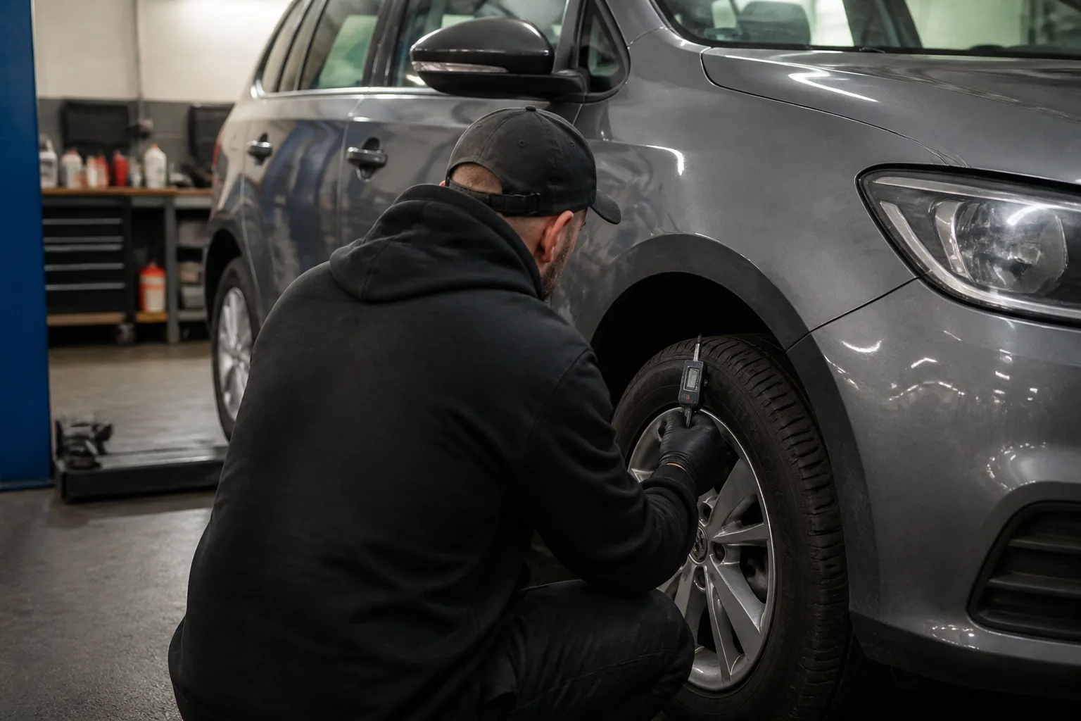 Mechanic checking the tread depth of a car tyre in an independent UK garage