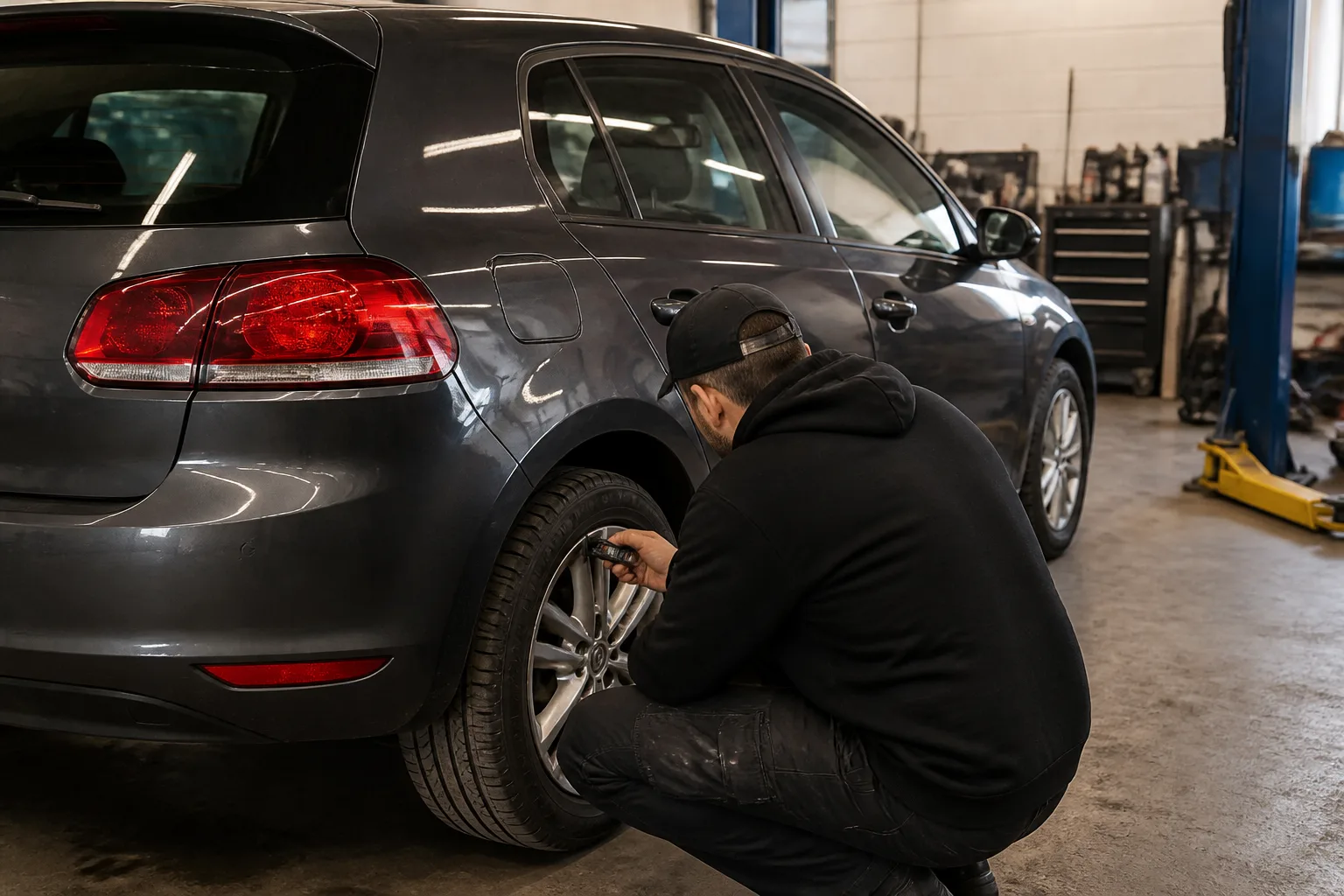 Mechanic safely checking the tread and sidewall of a car tyre in an independent UK garage