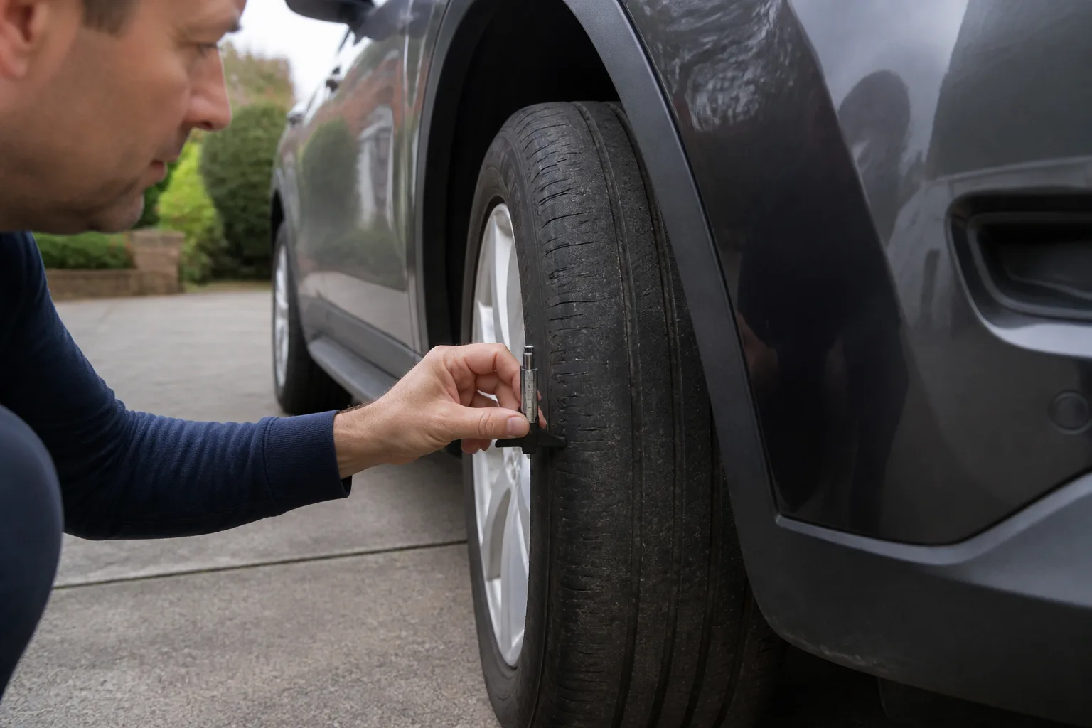 Close-up of a car tyre with more wear on one shoulder being checked with a tread-depth gauge