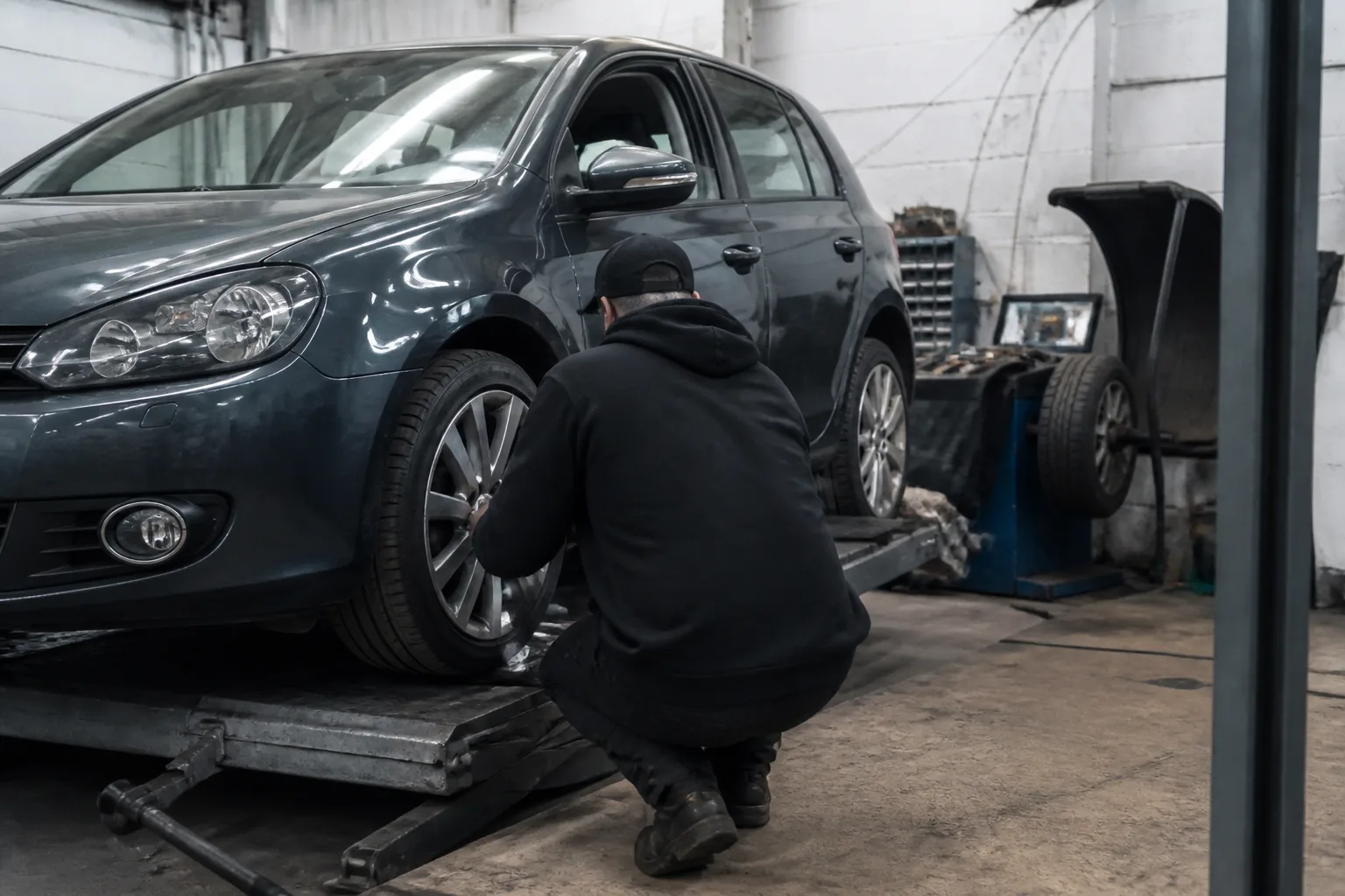 Mechanic inspecting the front wheel and tyre of a UK hatchback in an independent garage