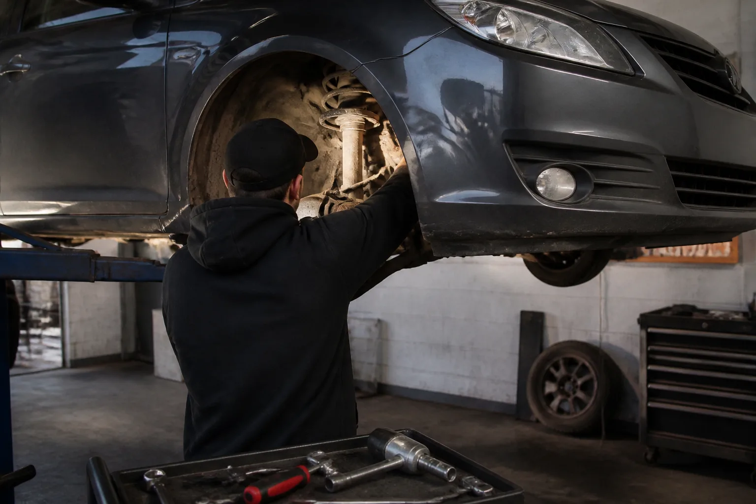 Mechanic inspecting the suspension of a UK hatchback on a garage lift