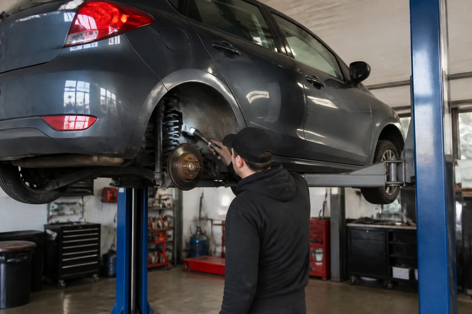 Mechanic inspecting a car coil spring and suspension on a vehicle lift in an independent UK garage