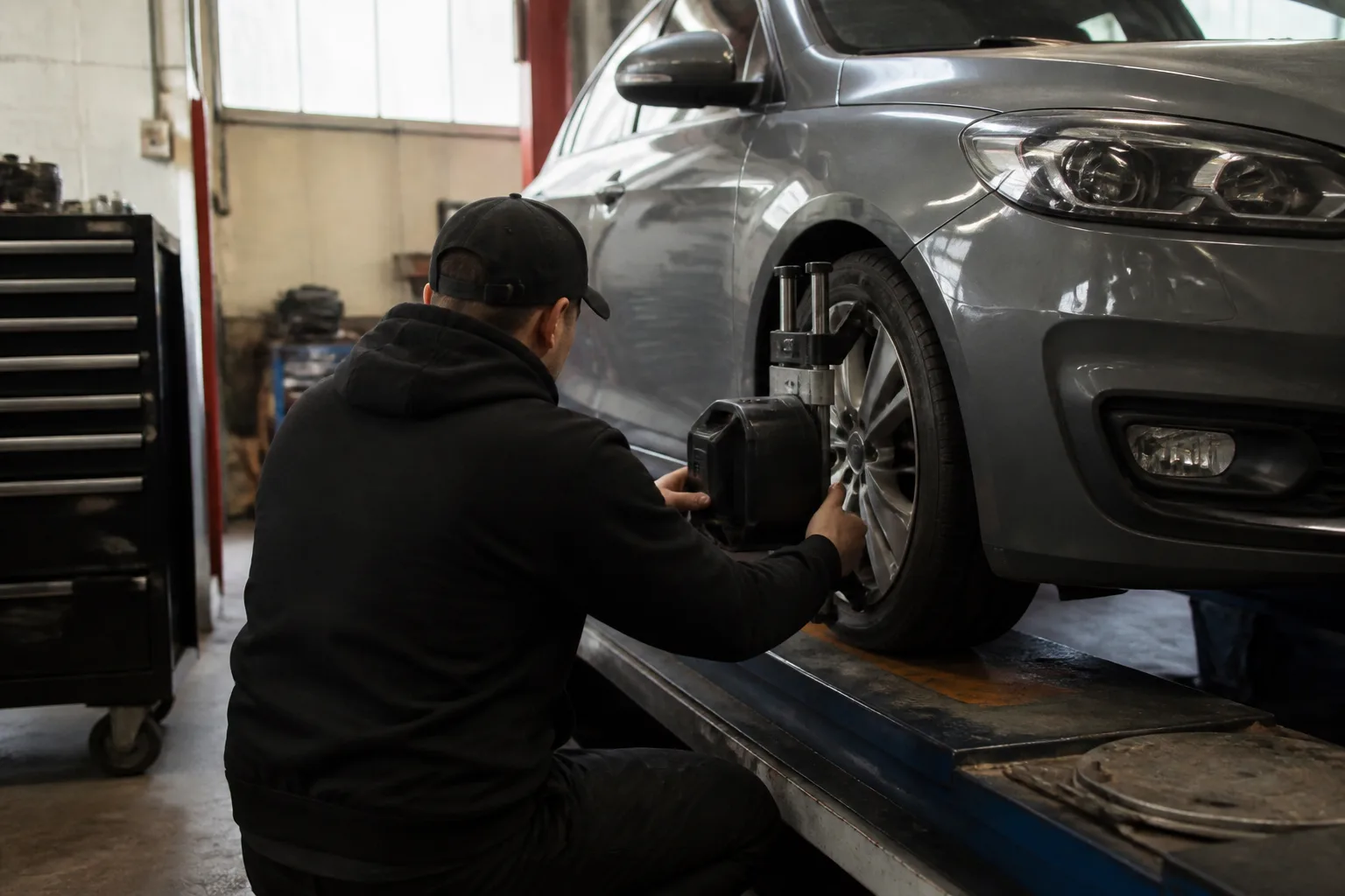 Mechanic checking wheel alignment on a hatchback in an independent UK garage
