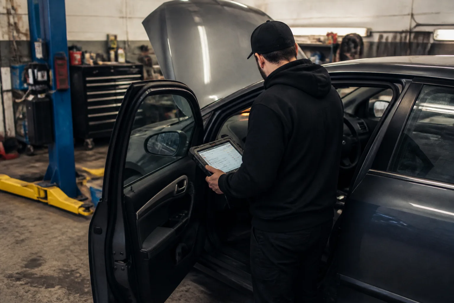 Mechanic using diagnostic equipment to investigate an engine management warning light on a car in an independent UK garage