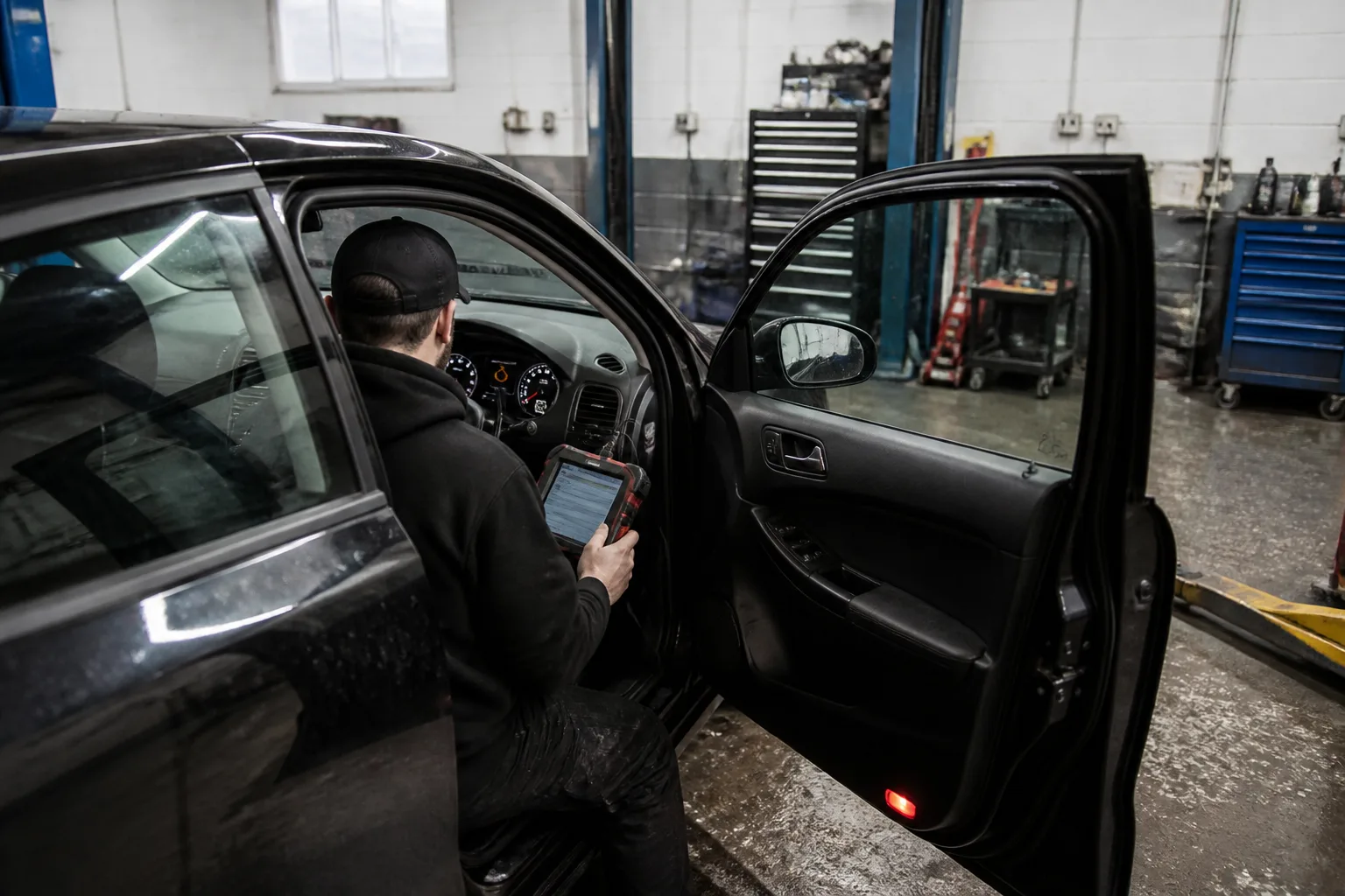 Mechanic using diagnostic equipment on a UK-market car with the engine warning light on in an independent garage