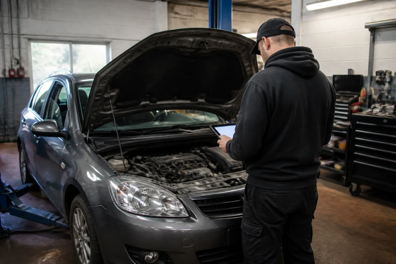 Mechanic using diagnostic equipment beside a UK car with the bonnet open in an independent garage