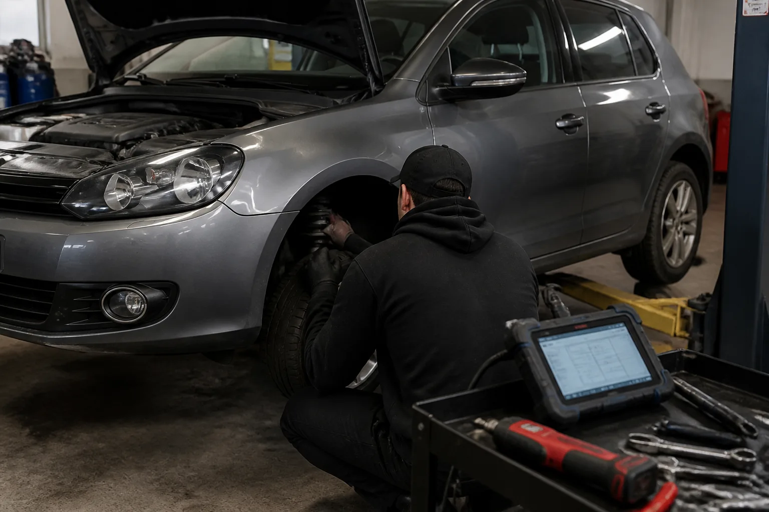 Mechanic inspecting the ABS system near the front wheel of a hatchback in an independent UK garage