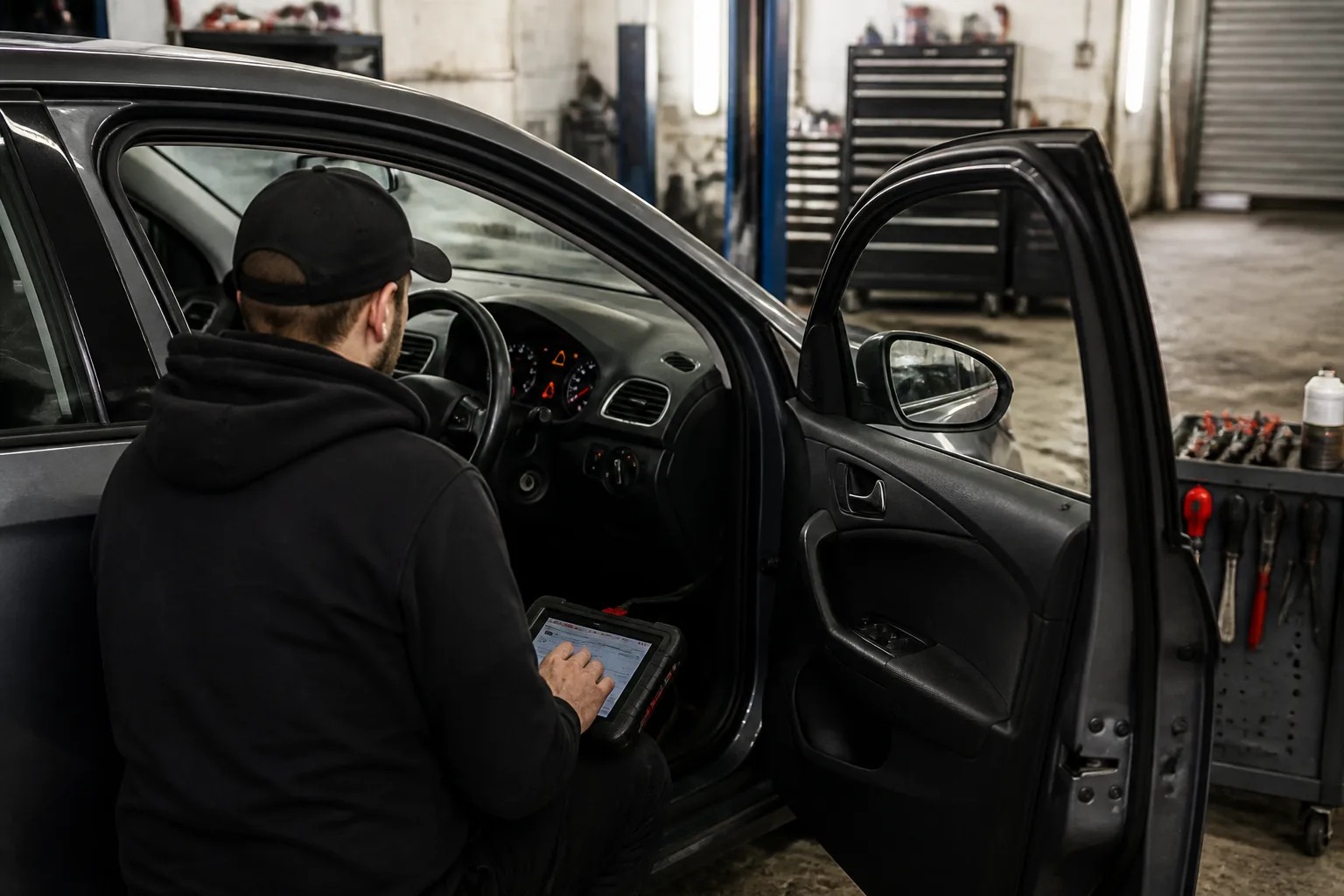 Mechanic using diagnostic equipment to investigate an illuminated airbag warning light in a UK garage