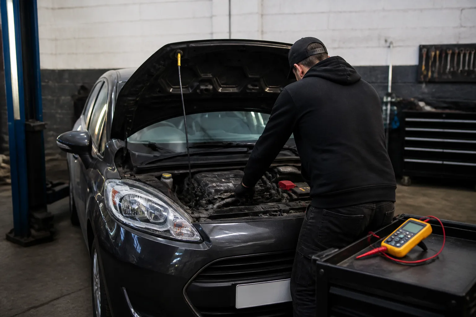 Mechanic inspecting the charging system of a car in an independent UK garage
