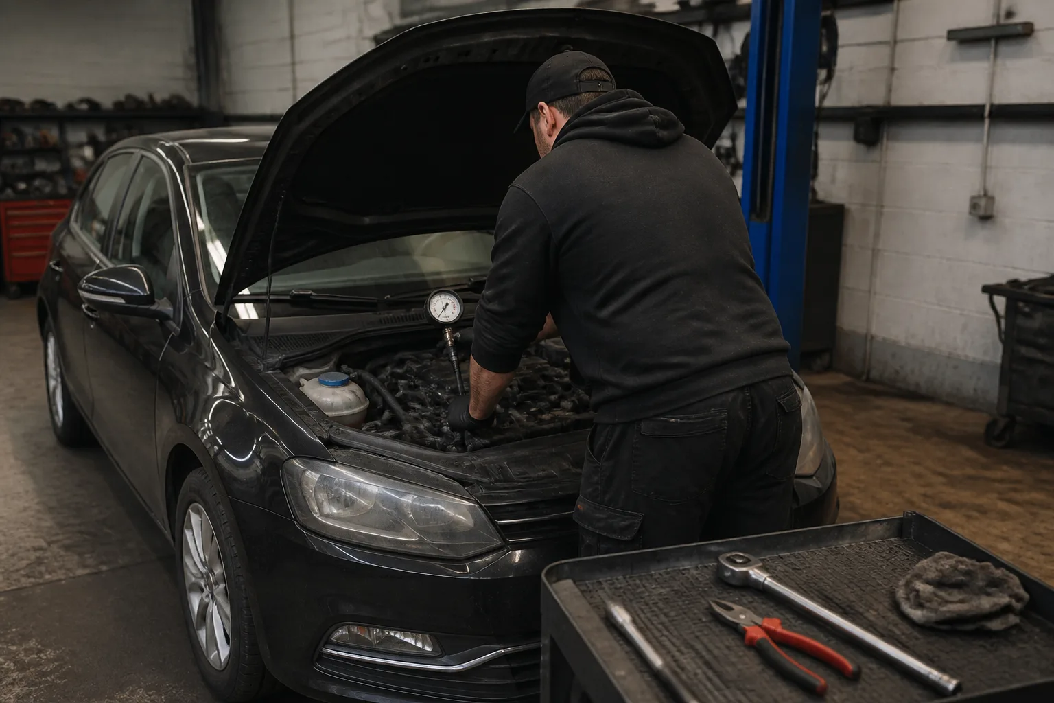 Mechanic safely checking an engine related to an oil pressure warning light in an independent UK garage