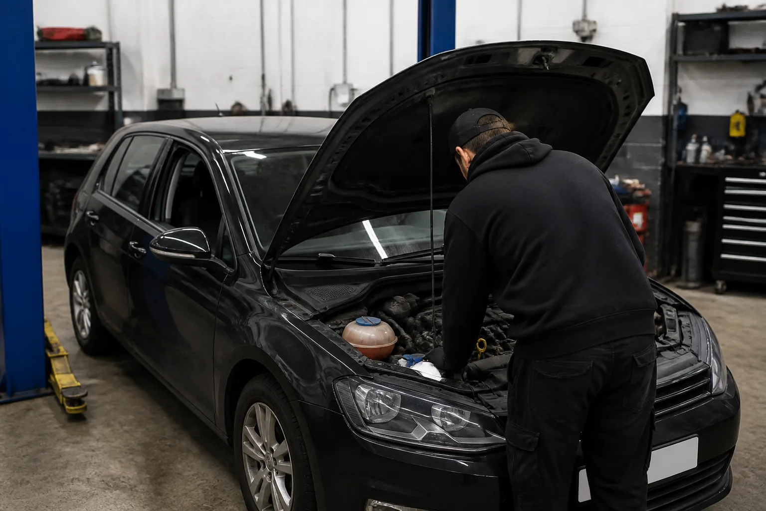 Mechanic safely inspecting the cooling system of a UK hatchback in an independent garage