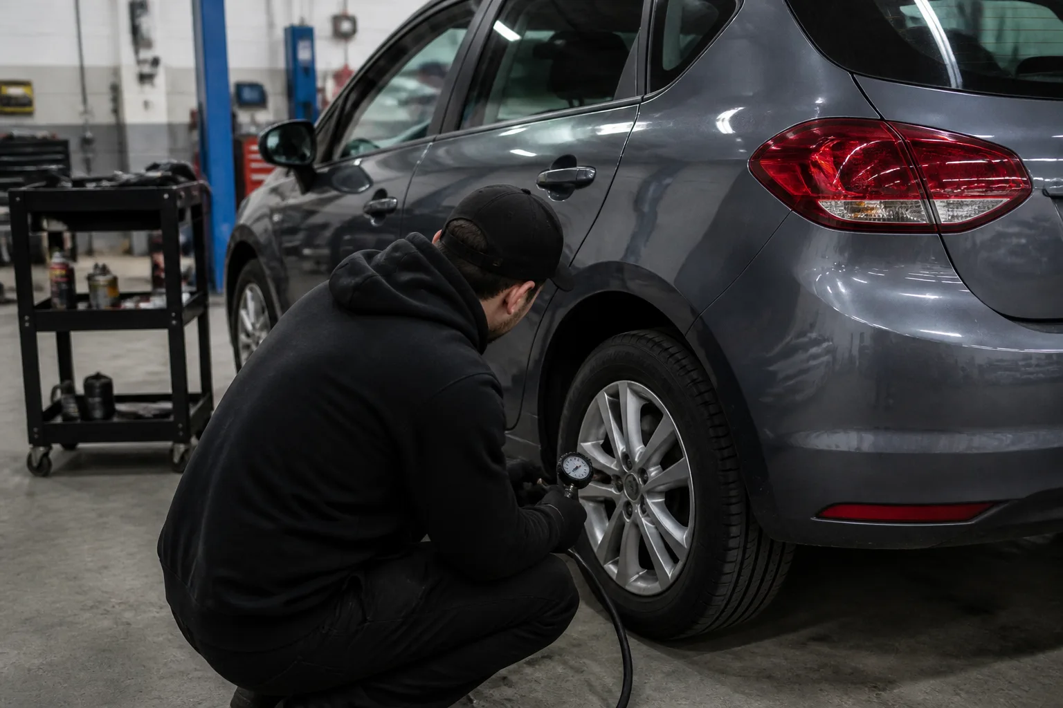 Mechanic checking a car tyre pressure in an independent UK garage