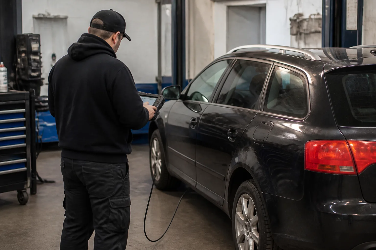 Mechanic using diagnostic equipment to investigate a DPF warning on a diesel car in a UK garage