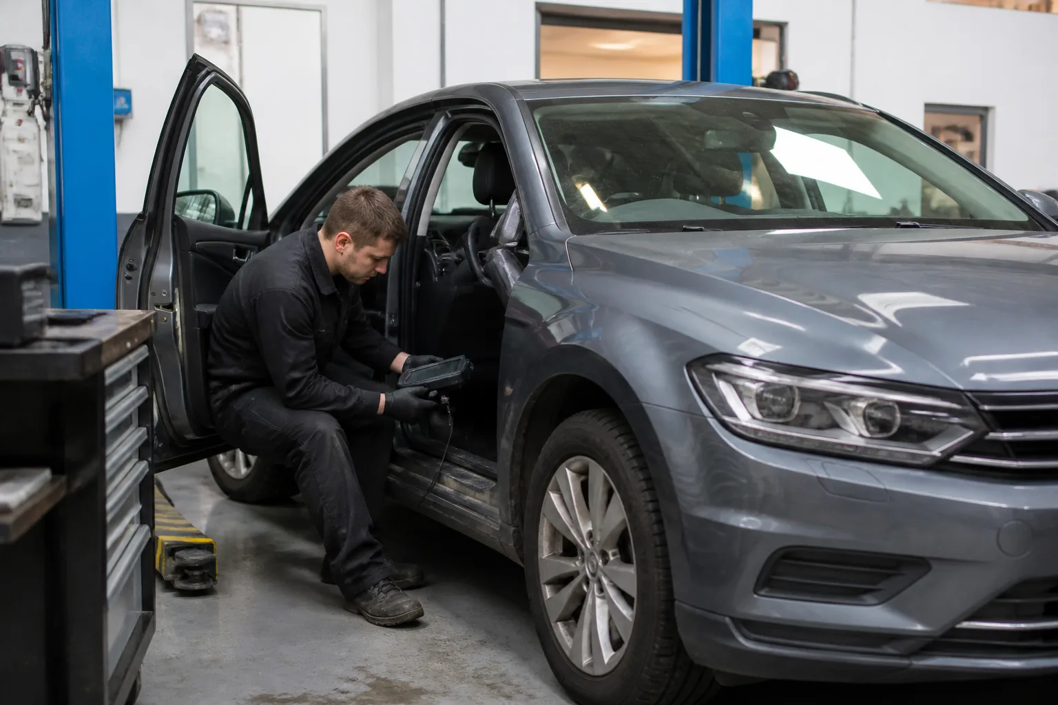 Technician connecting a diagnostic scanner to a car in a garage