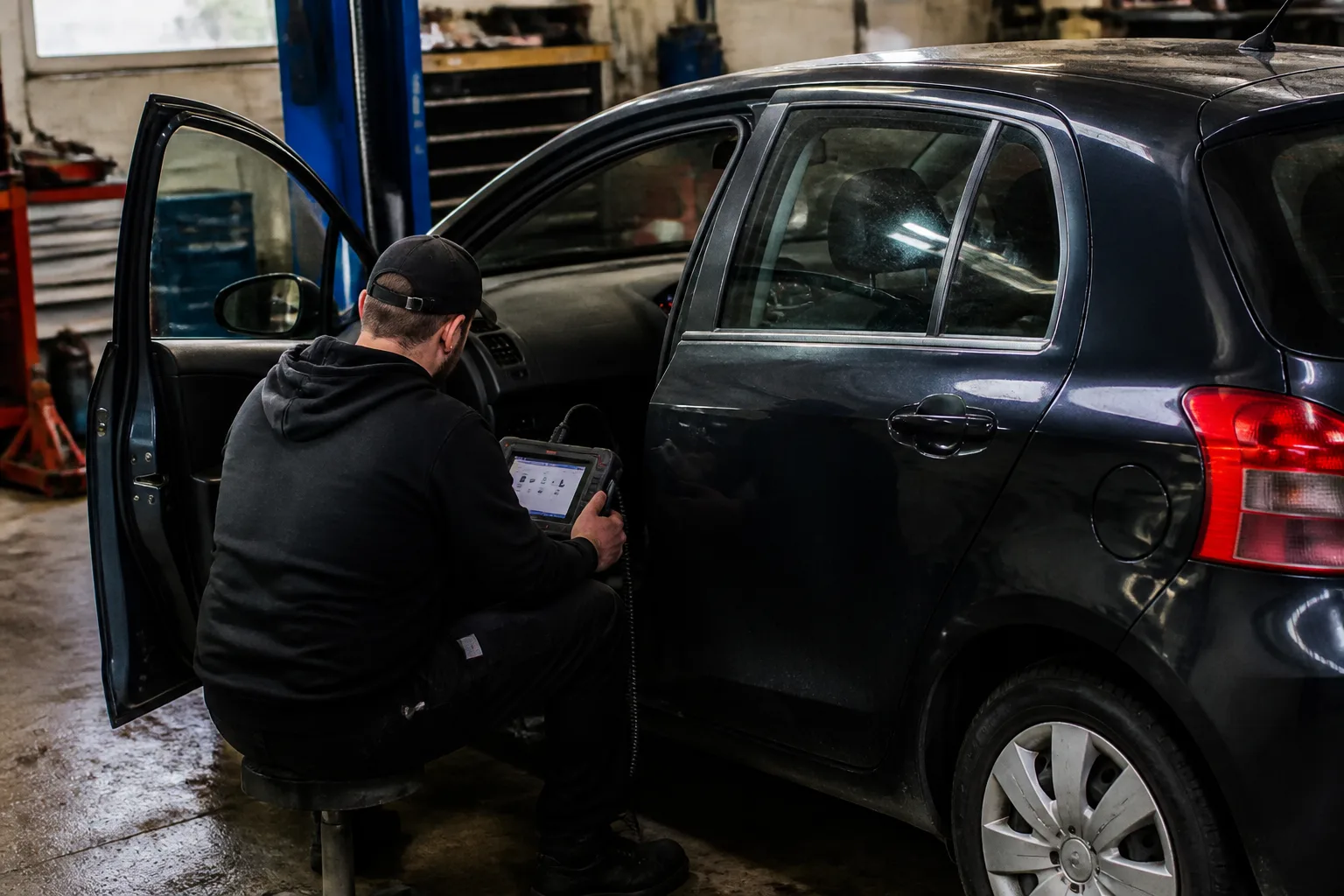 Mechanic using a diagnostic scan tool on a UK car in an independent garage