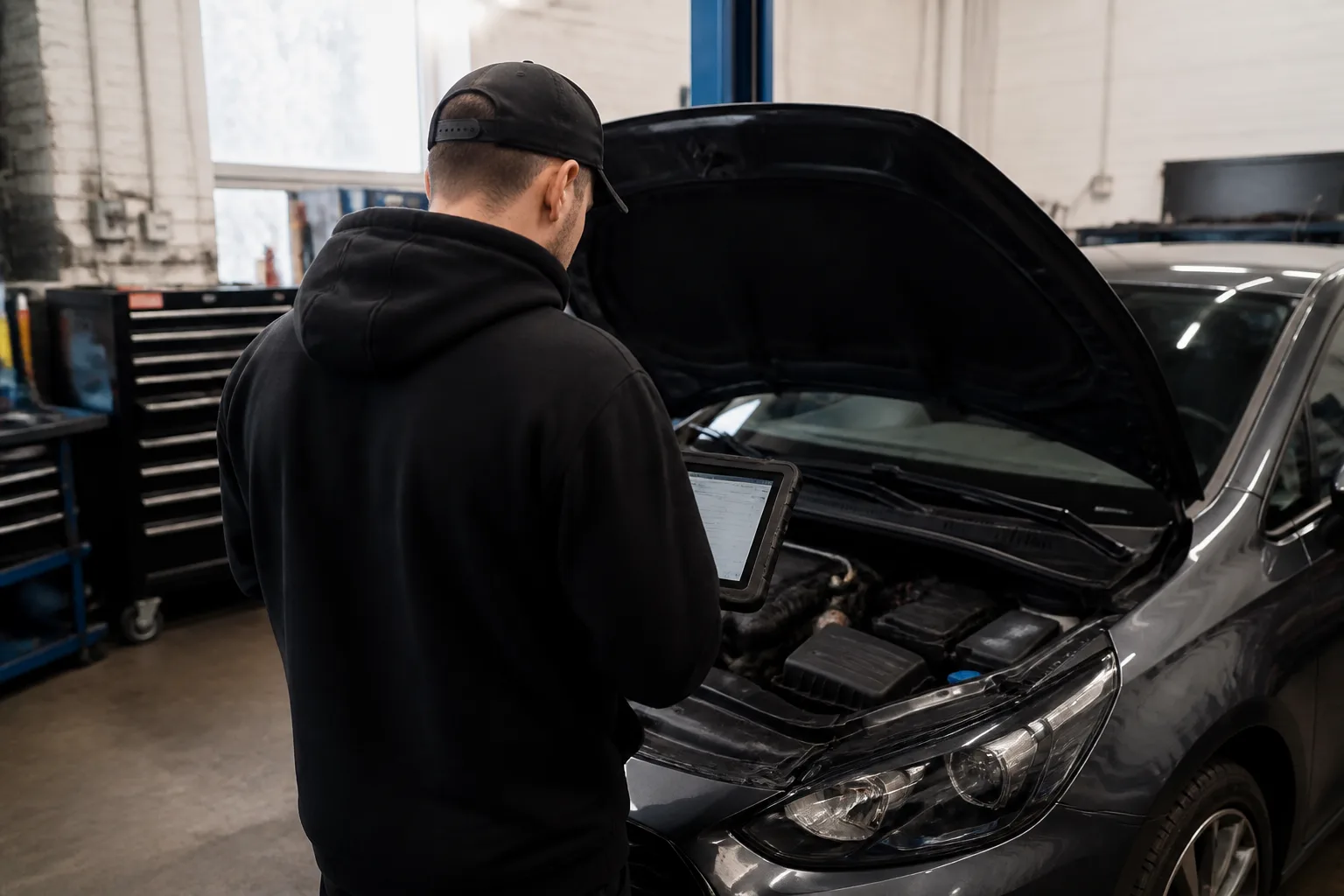 Mechanic using diagnostic equipment to investigate a car with reduced power in a UK garage