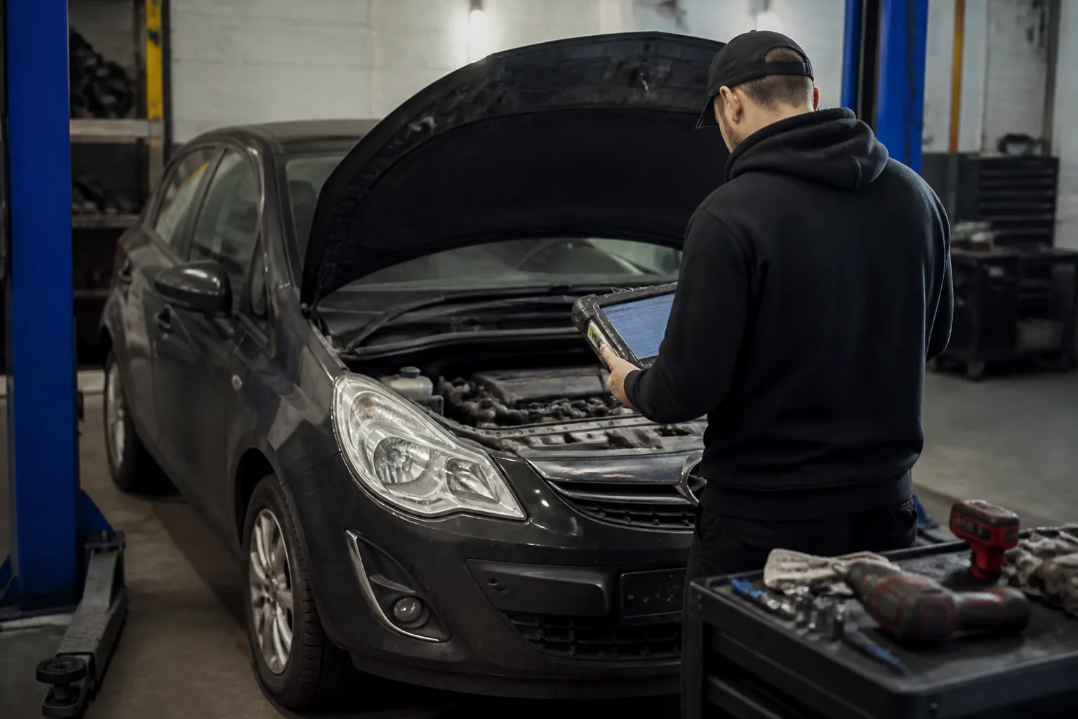 Mechanic using diagnostic equipment to investigate a car that has lost power in an independent UK garage