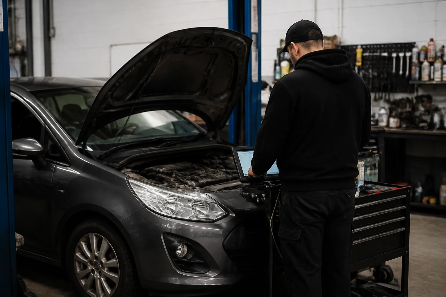 Mechanic checking a UK car for an acceleration hesitation fault in an independent garage