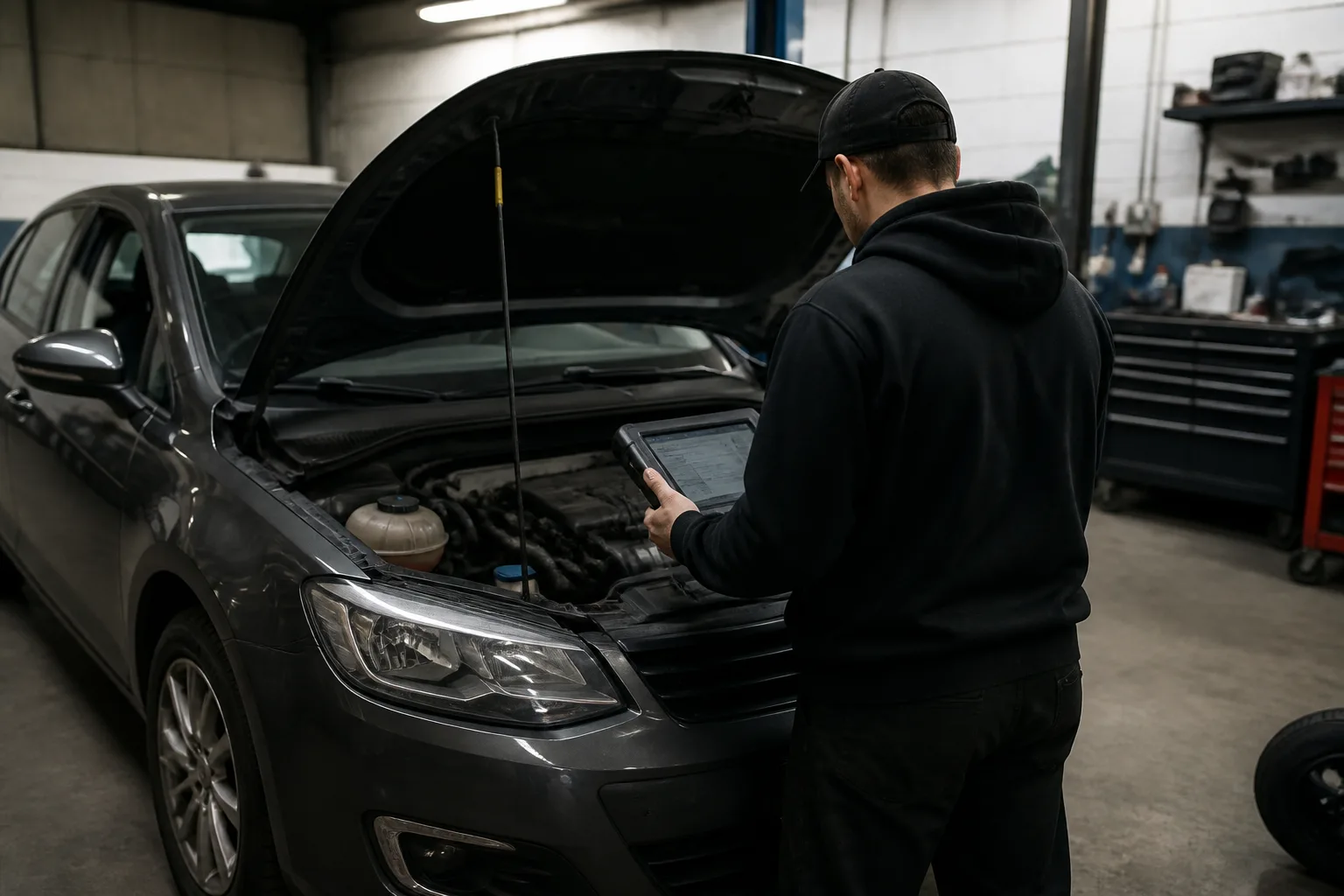 Mechanic carrying out diagnostic checks on a rough-running hatchback in an independent UK garage