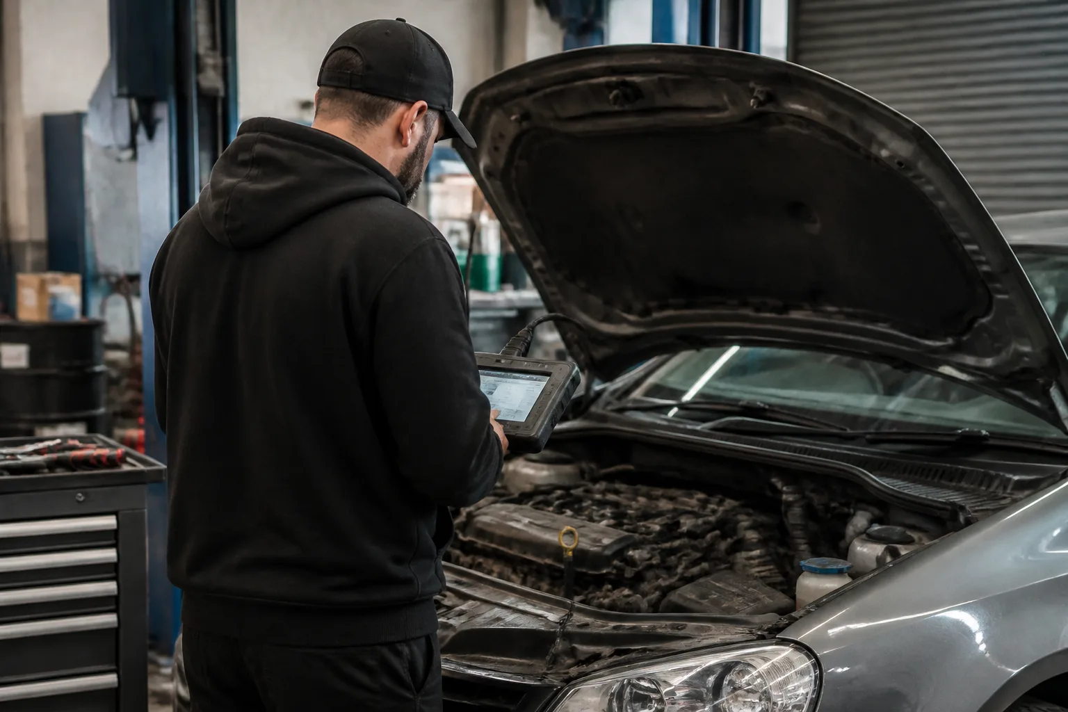 Mechanic using a diagnostic scan tool beside a UK hatchback in an independent garage