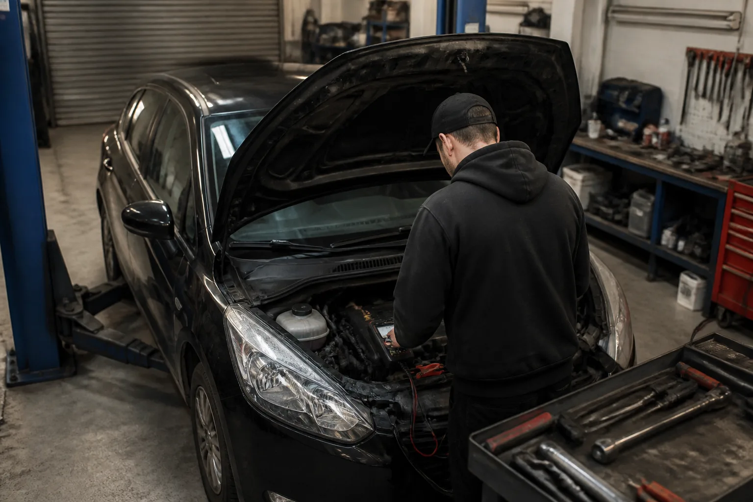 Mechanic checking the battery and engine bay of a car that will not start in an independent UK garage