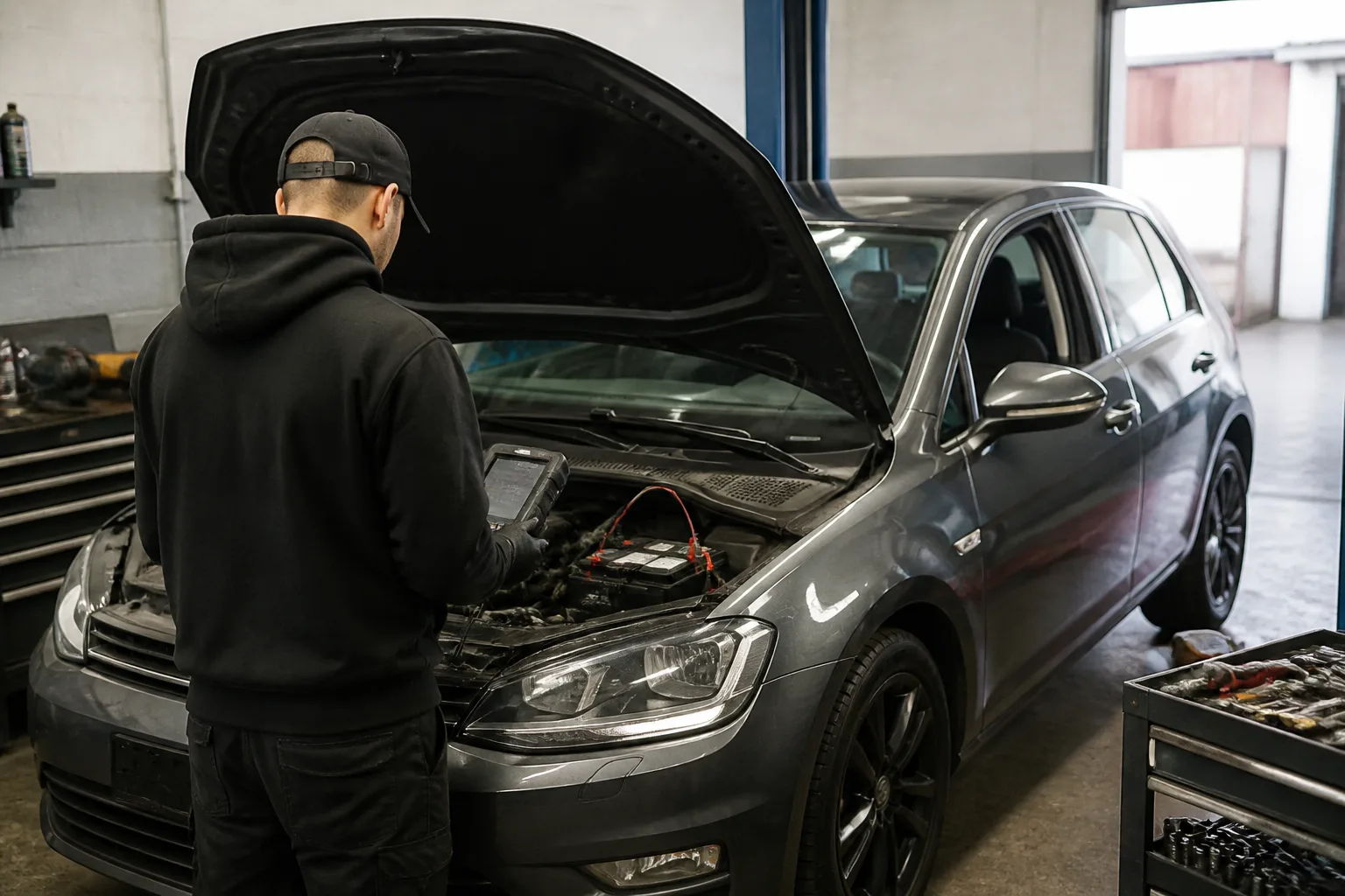 Mechanic diagnosing a car that cranks but will not start in an independent UK garage