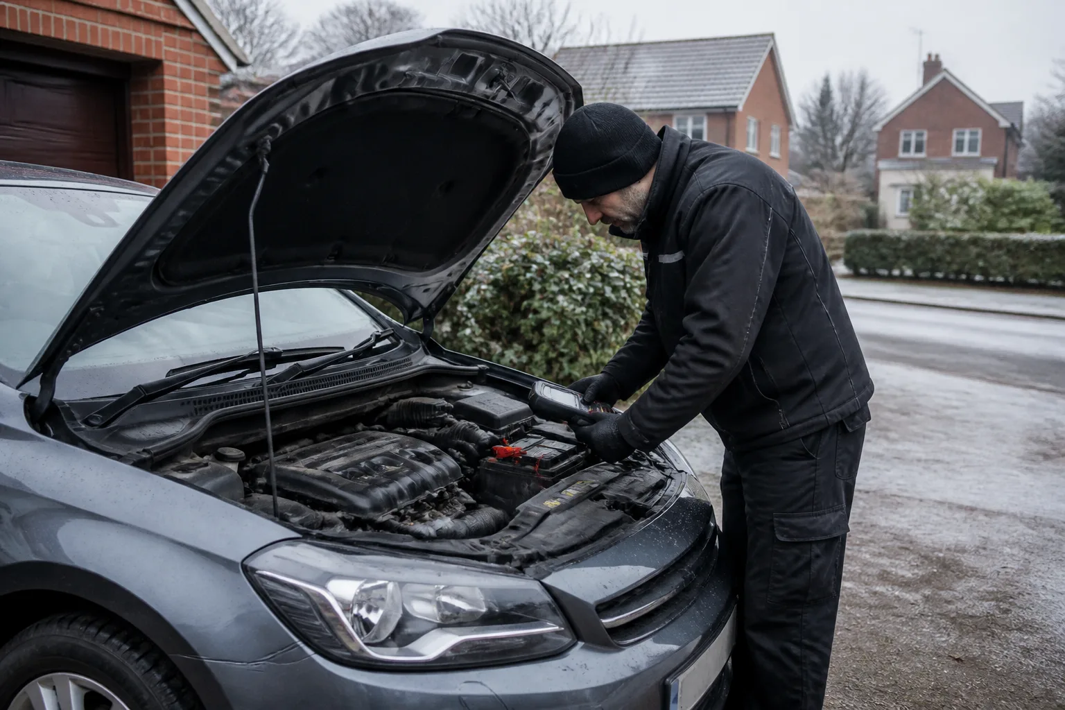 Technician testing a car battery under the bonnet on a cold morning