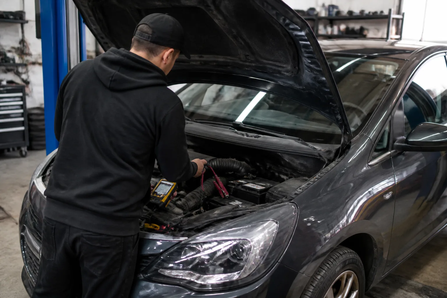 Mechanic checking a car battery in an independent UK garage workshop