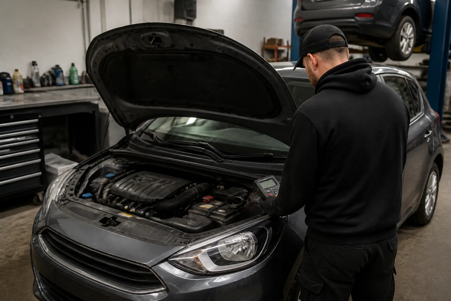 Mechanic checking a car battery with a battery tester in an independent UK garage