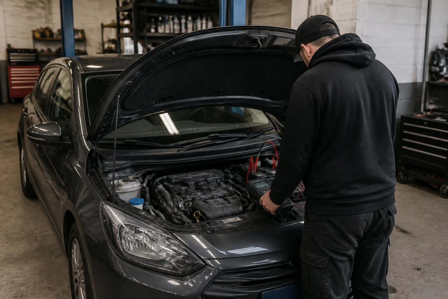 Mechanic checking the battery and starting system of a car in an independent UK garage