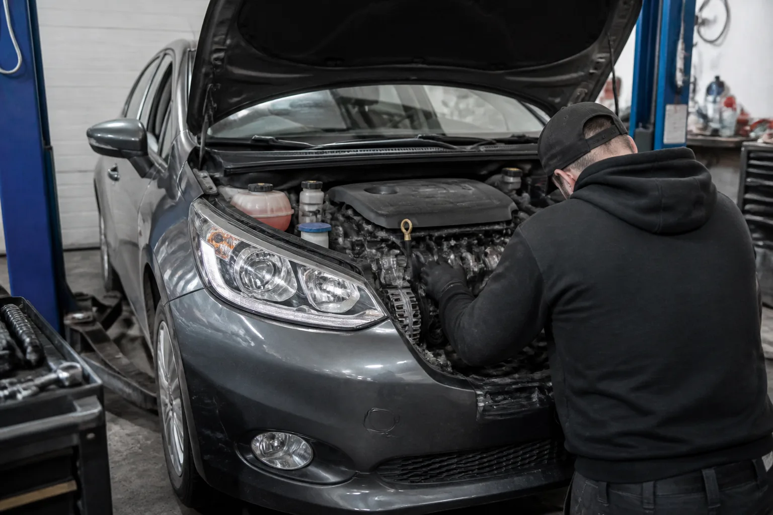 Mechanic inspecting an alternator and auxiliary belt on a car in an independent UK garage