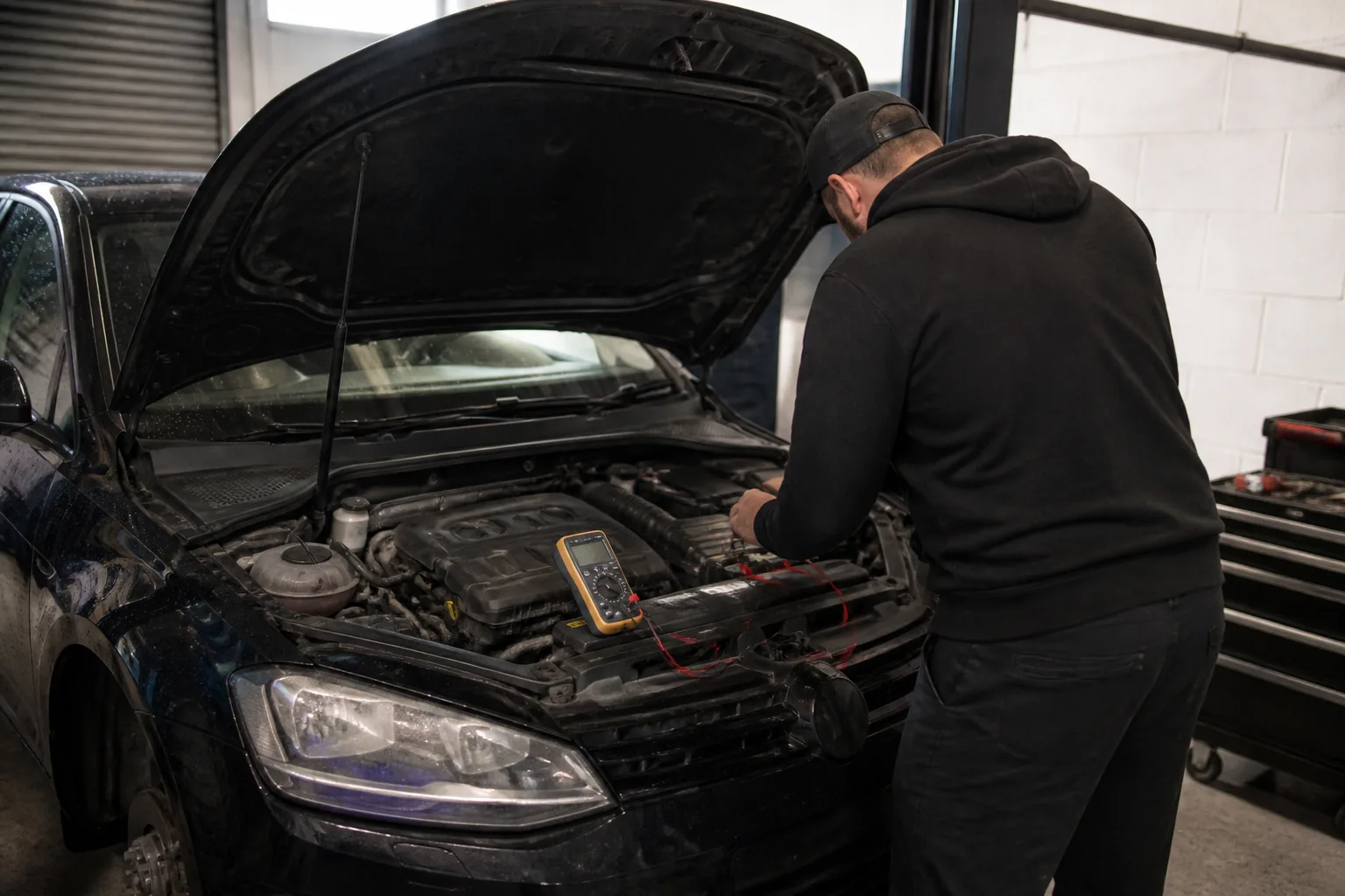 Mechanic safely inspecting the alternator and charging system of a hatchback in an independent UK garage