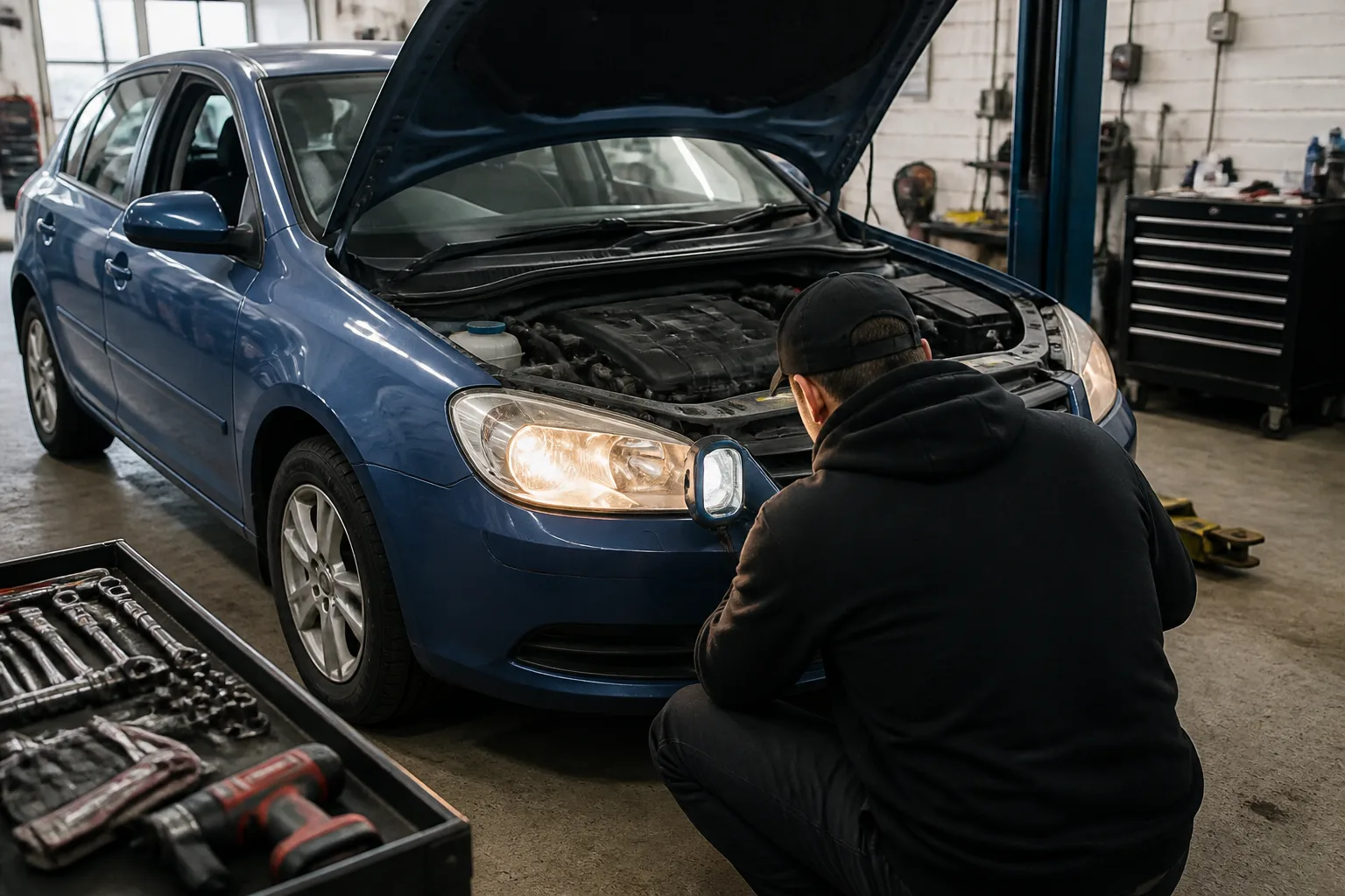 Mechanic inspecting the headlight and electrical system of a family car in an independent UK garage