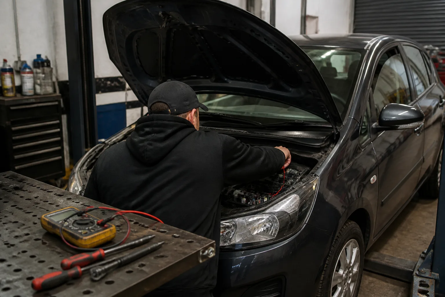 Mechanic inspecting a car fuse box in an independent UK garage