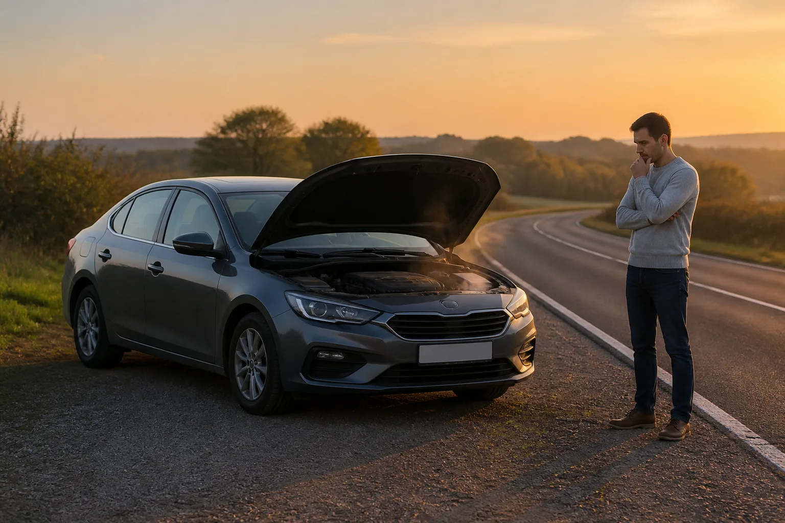 Driver safely stopped beside a car after an engine overheating warning