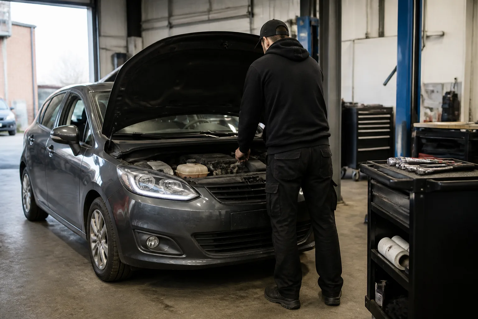 Mechanic safely inspecting the cooling system of a car after an overheating warning in a UK garage
