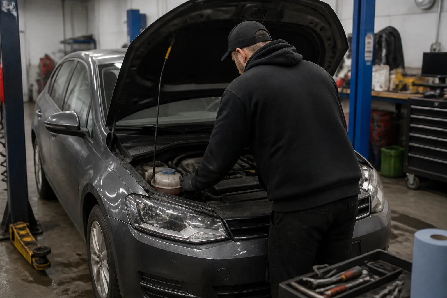 Mechanic checking the cooling system of a UK hatchback in an independent garage