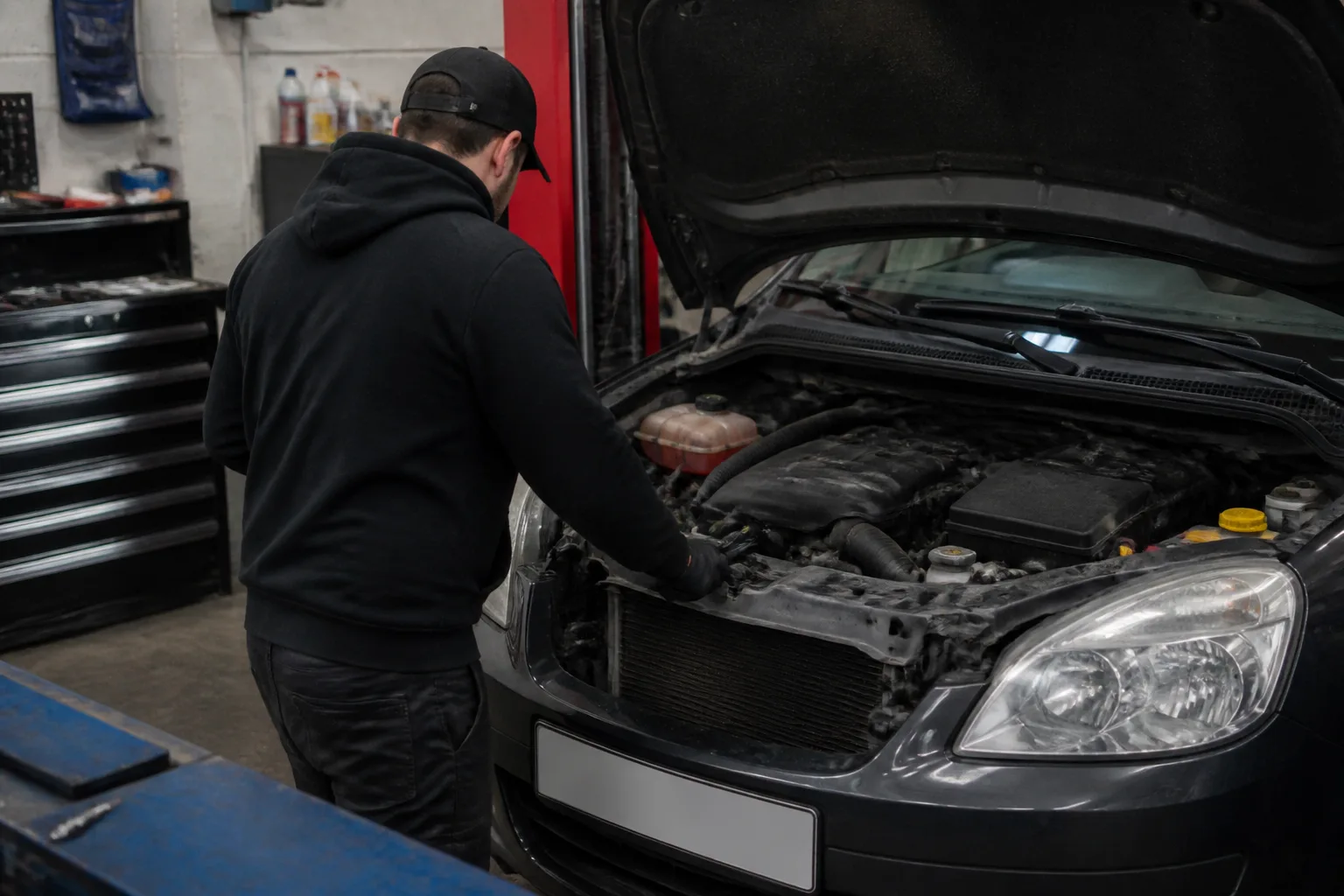 Mechanic checking the cooling system of a UK car in an independent garage