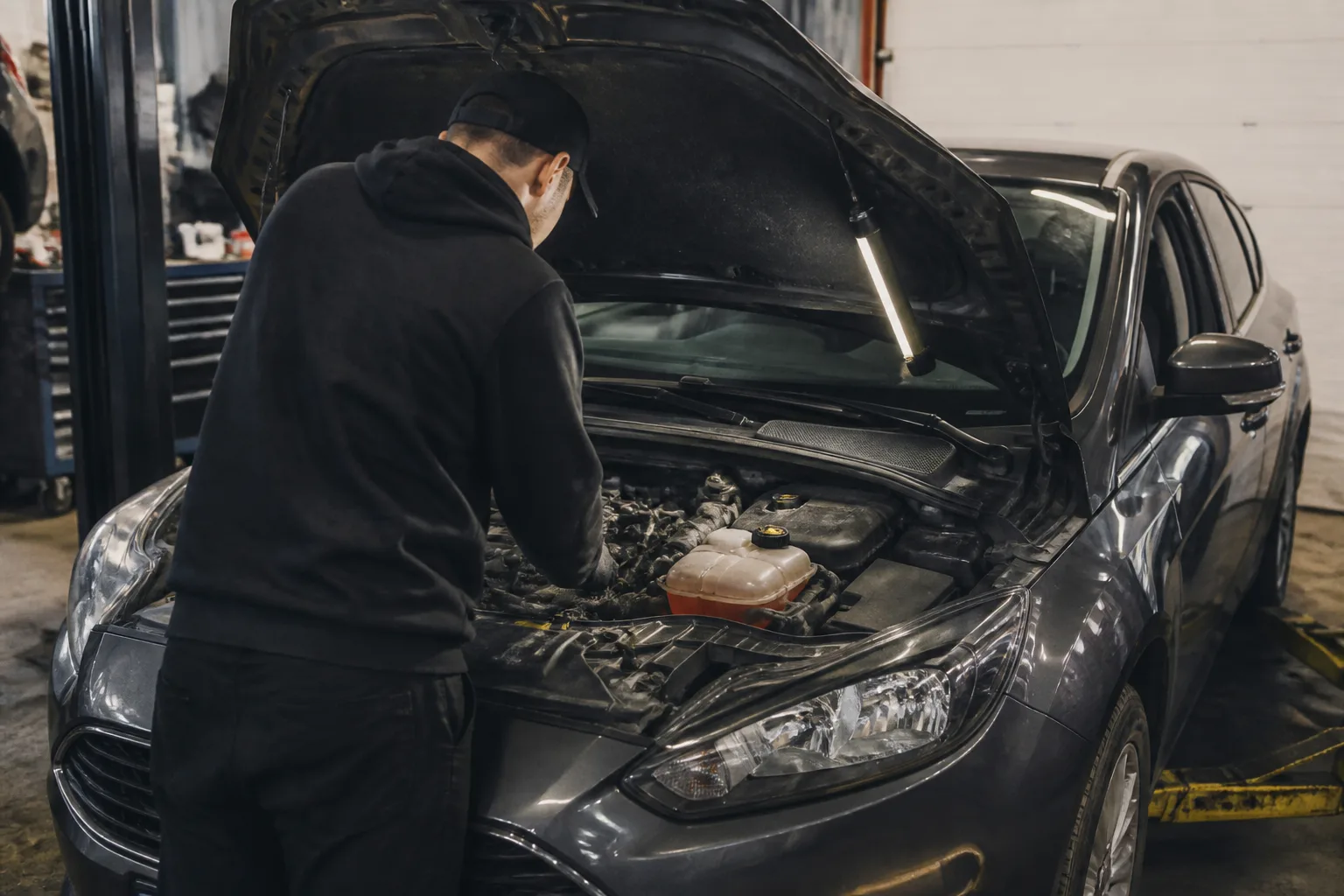 Mechanic inspecting the cooling system of a UK family car in an independent garage