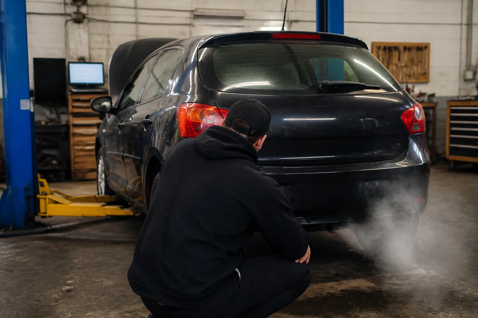 Mechanic inspecting light white exhaust vapour from a hatchback in an independent UK garage