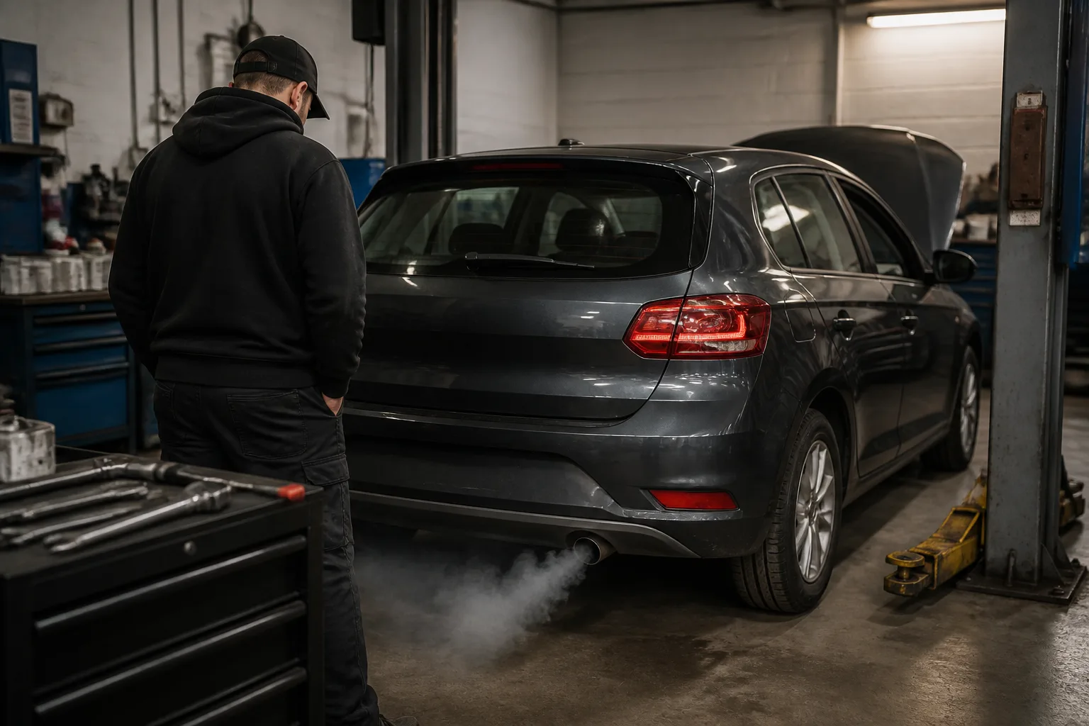 Mechanic inspecting a UK car with faint blue smoke from the exhaust in an independent garage
