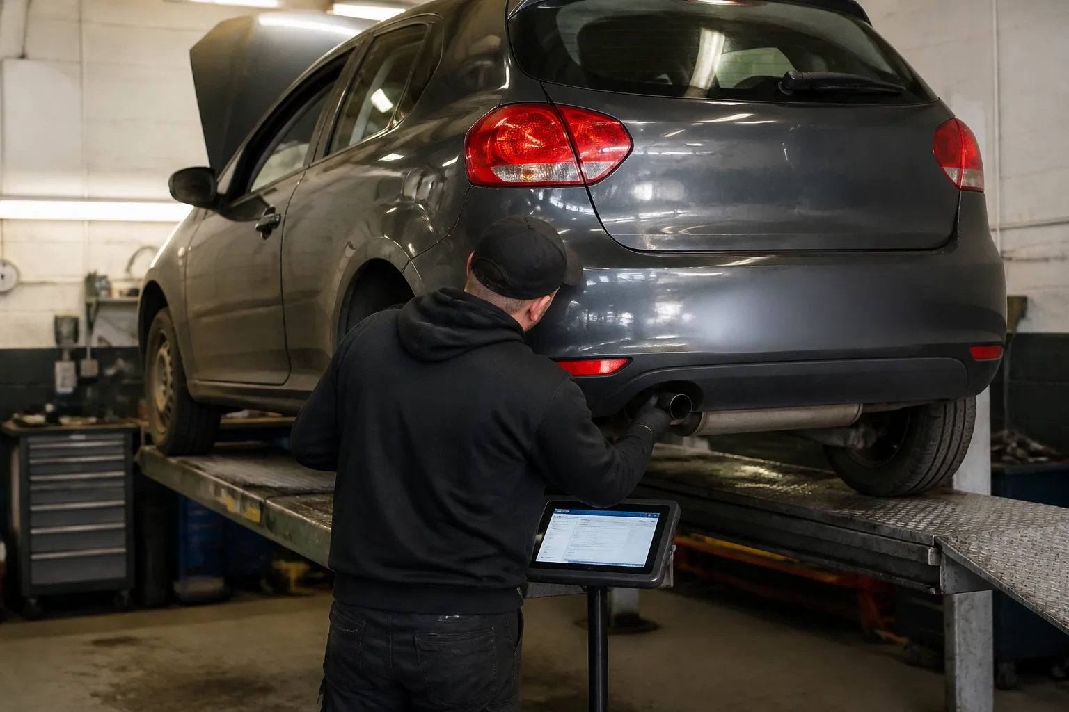 Mechanic inspecting the exhaust area of a UK-market car in an independent garage