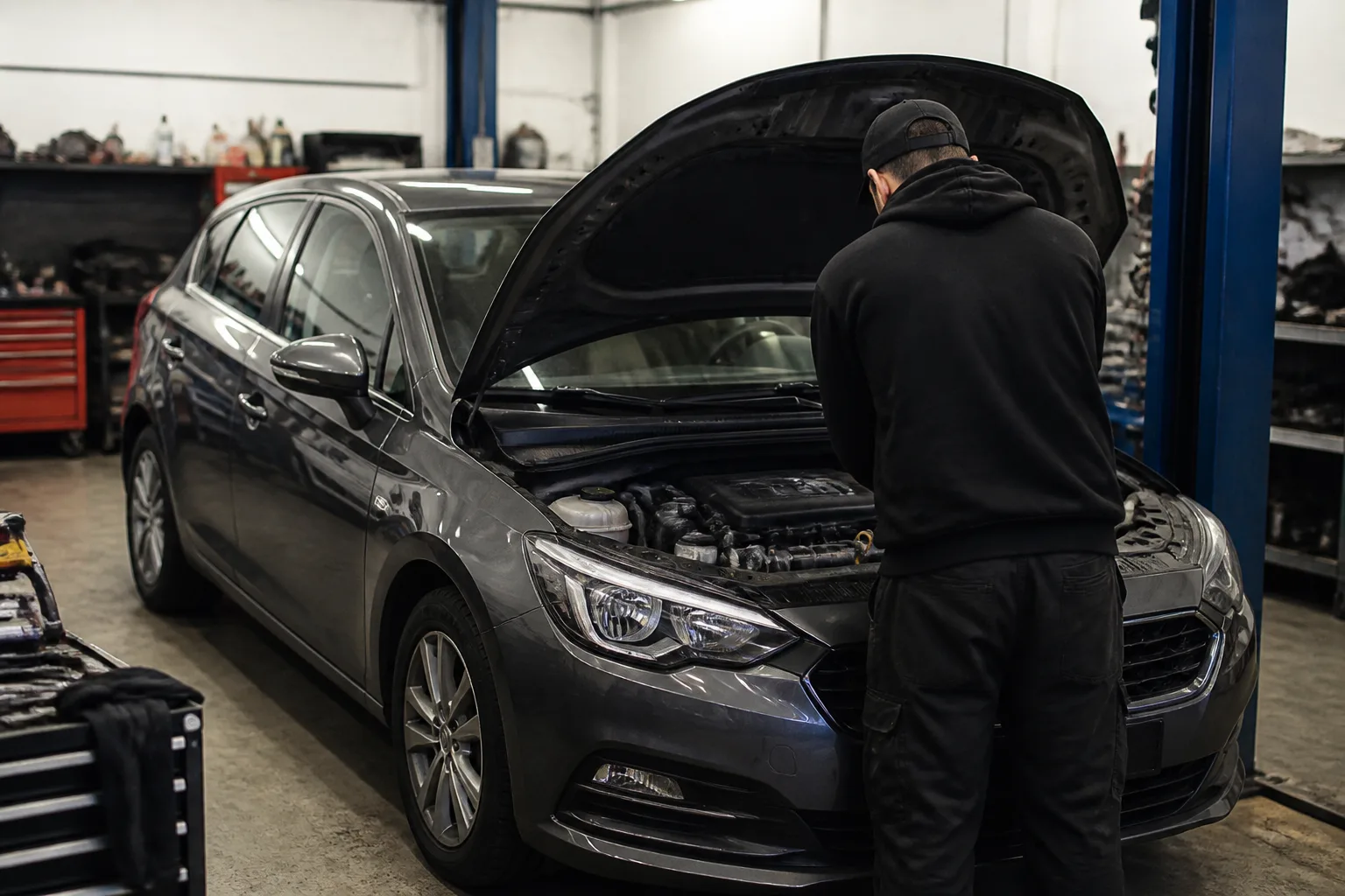 Mechanic safely checking the source of a ticking engine noise in an independent UK garage