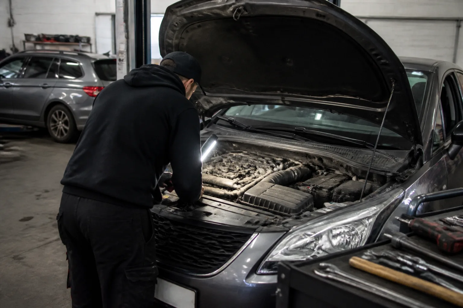 Mechanic inspecting the engine bay of a family car in an independent UK garage