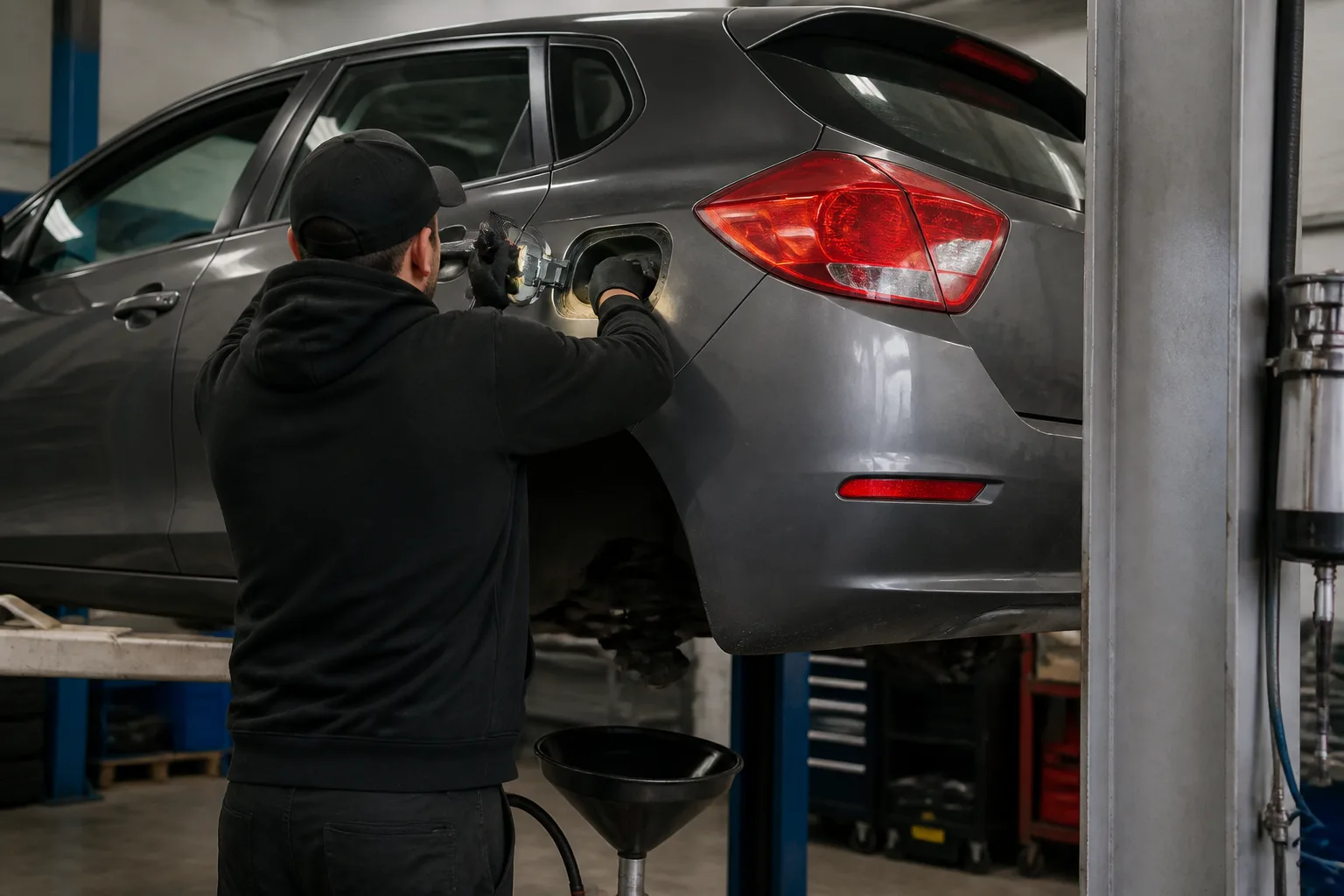 Mechanic safely inspecting the fuel system area of a UK hatchback in an independent garage