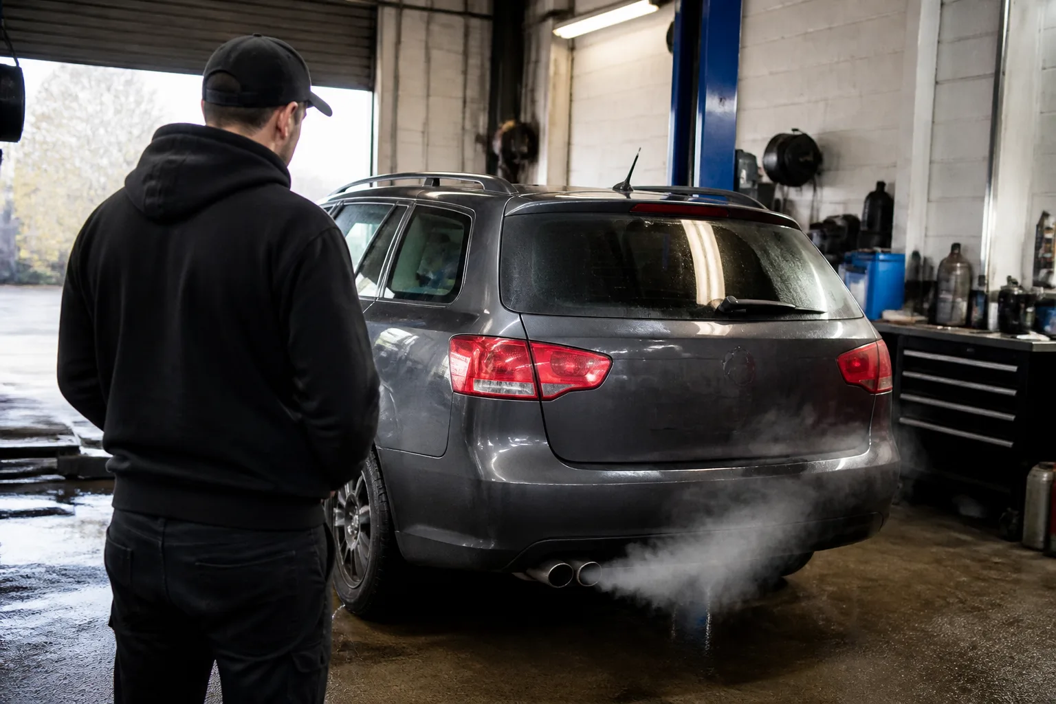 Mechanic checking light white exhaust vapour from a car in a UK garage on a cold morning