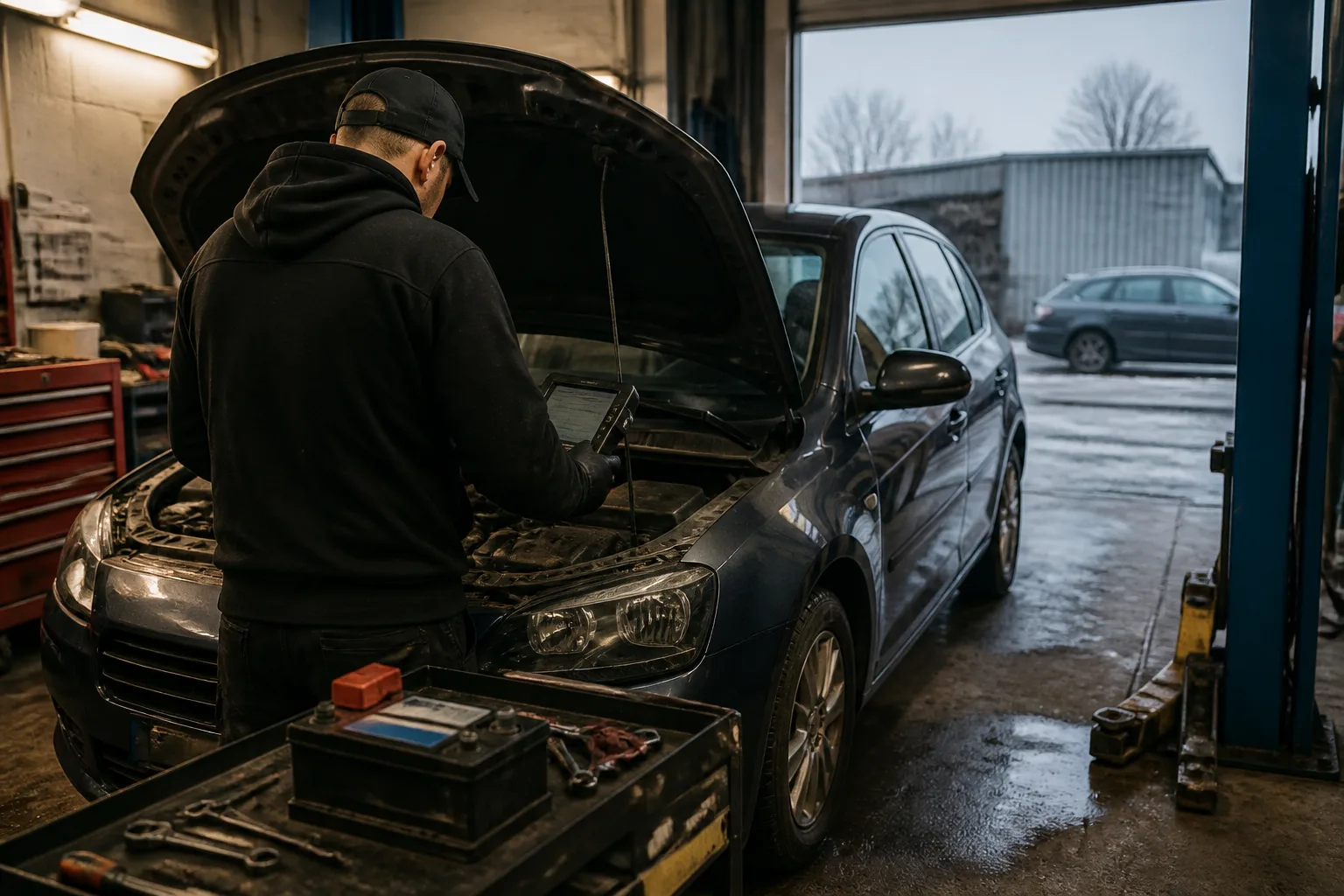 Mechanic checking a car engine and diagnostic equipment during a cold-weather starting inspection in a UK garage