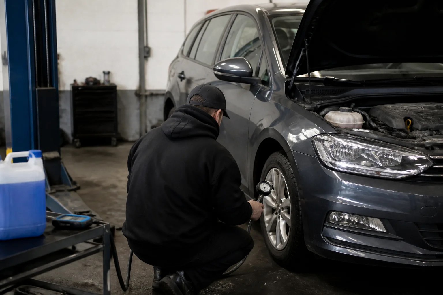 Mechanic checking a family car as part of a winter maintenance inspection in an independent UK garage