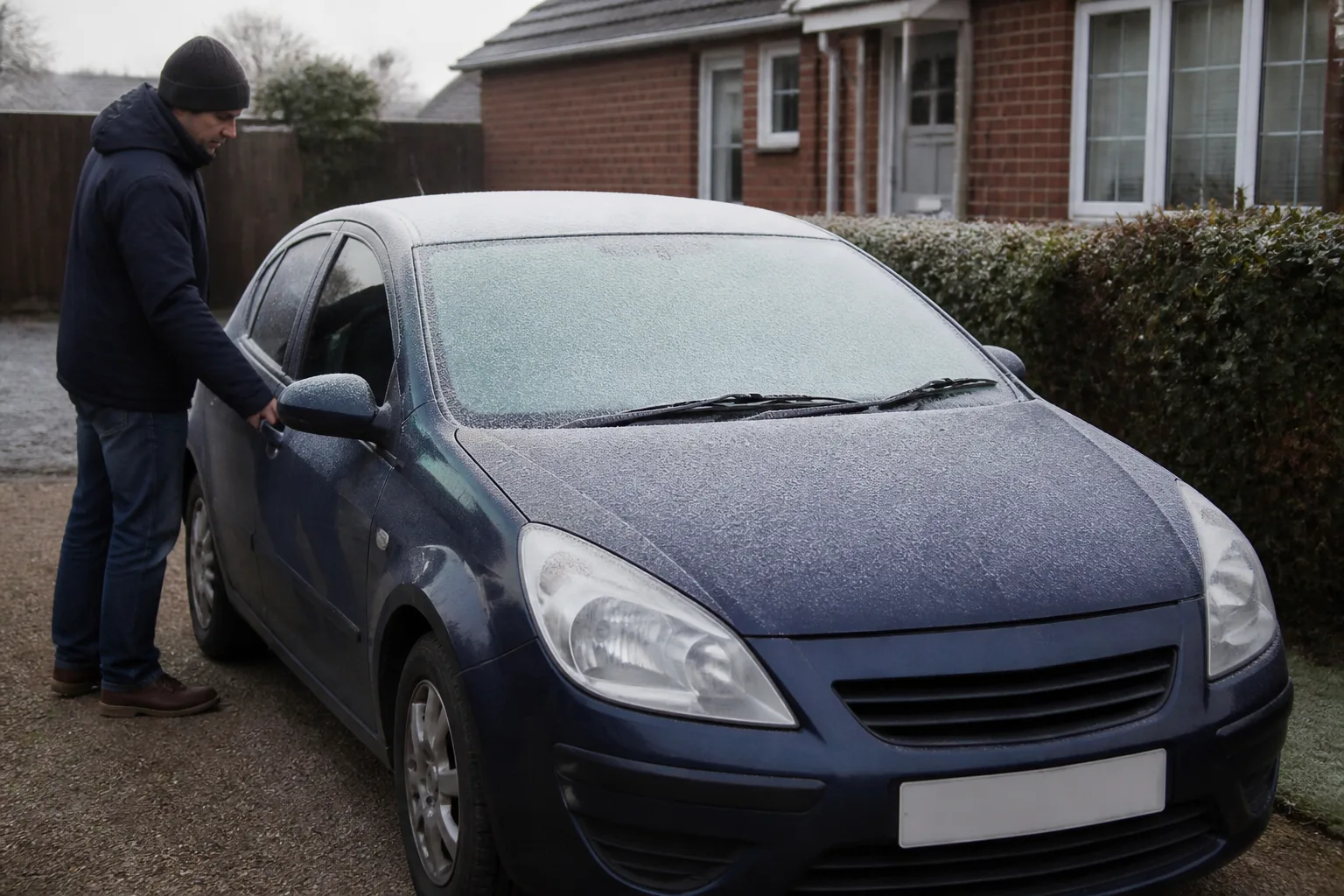 Car parked outside on a frosty morning in winter