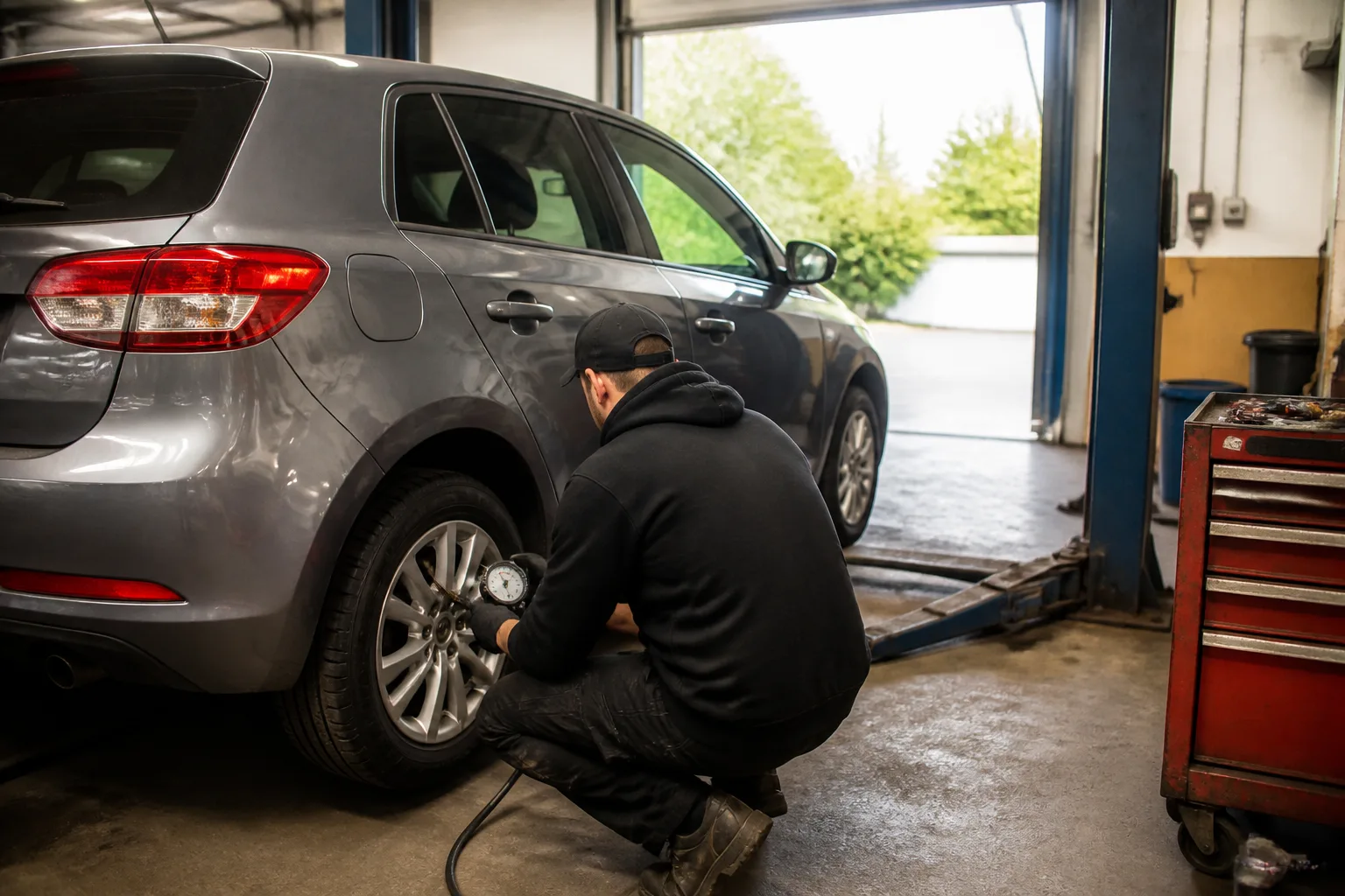 Mechanic checking the tyre pressure and sidewall condition of a family car in an independent UK garage